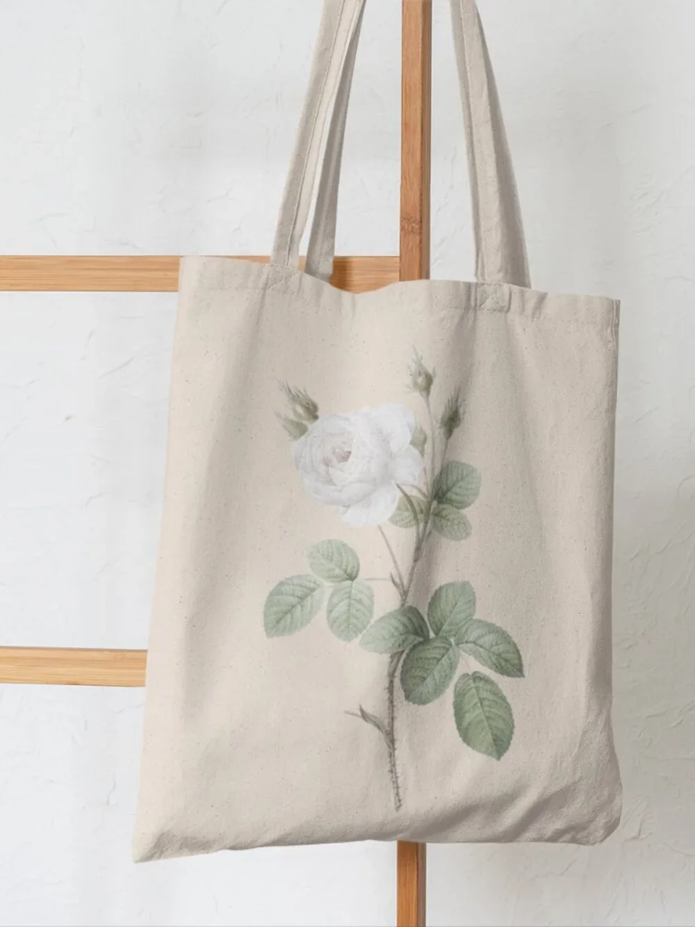 White Moss Rose Vintage Floral Print Graphic Canvas Tote Bag